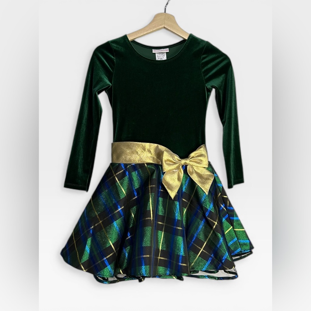 5 for $25🔥Bonnie Jean Velvet Green Plaid Holiday Dress Girls Size 8
